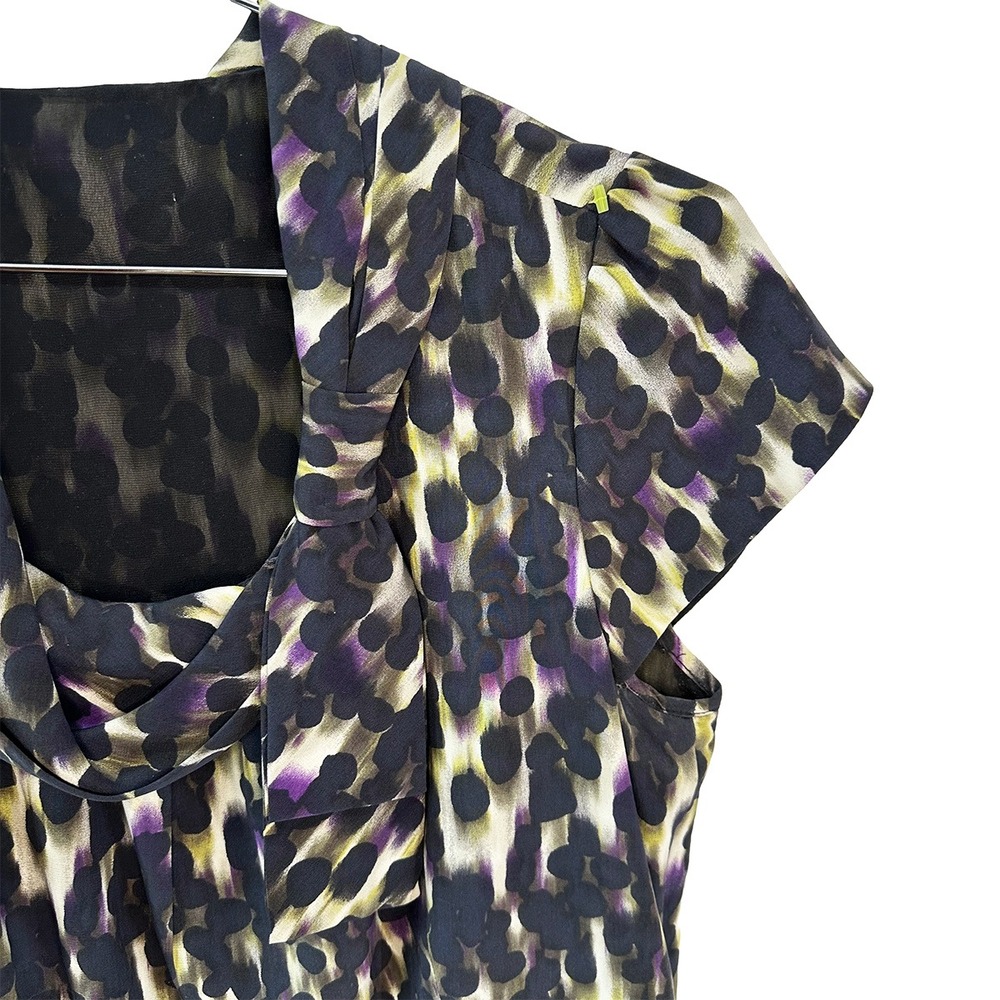 100% Silk Short Sleeve Cowl Neck Blouse • Small • black, purple, green print